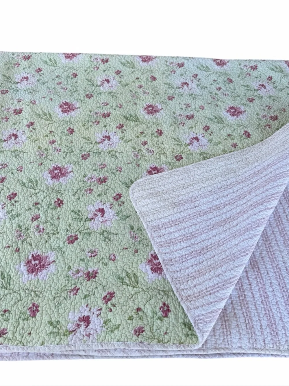 VTG Laura Ashley Reversible Floral Quilt Green Pink Roses Stripes 84x86 FLAWS